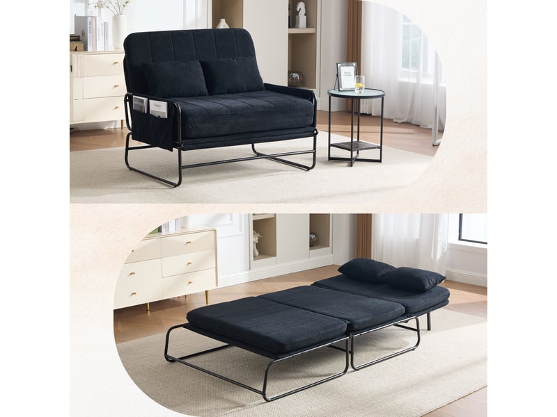 Canapé convertible 2 places noir, canapé-lit avec rangement intégré et cadre métal industriel, tissu chenille pour salon ou bureau - Conforama B