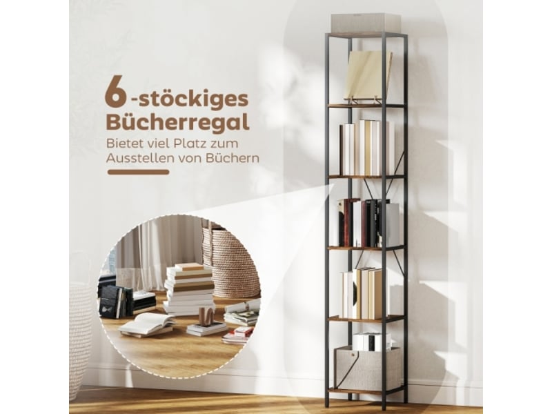  Lot de 2 bibliothèques 6 niveaux, cadre en acier, style rustique, brun, salon et bureau  - Conforama D