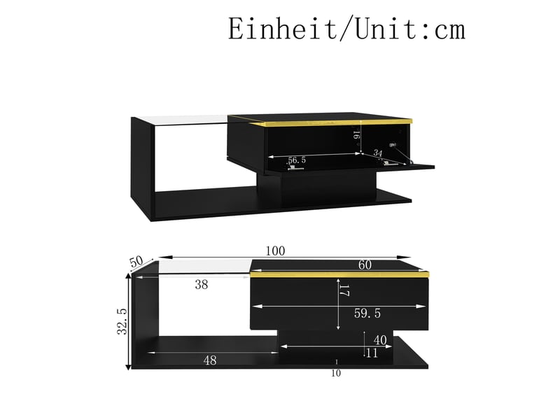  Table basse 100 x 50 cm noire brillante avec verre trempé et led 16 couleurs  - Conforama C