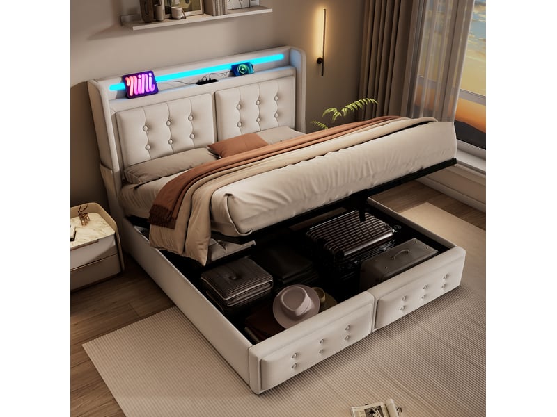  Lit rembourré 160 × 200 cm 2 places avec led réglable, prises, usb, type-c et coffre, matelas inclus, beige  - Conforama C