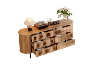 Commode 6 tiroirs - 160x40x70cm - commode basse de salon avec côtelés ajourés & angles arrondis - bois naturel
