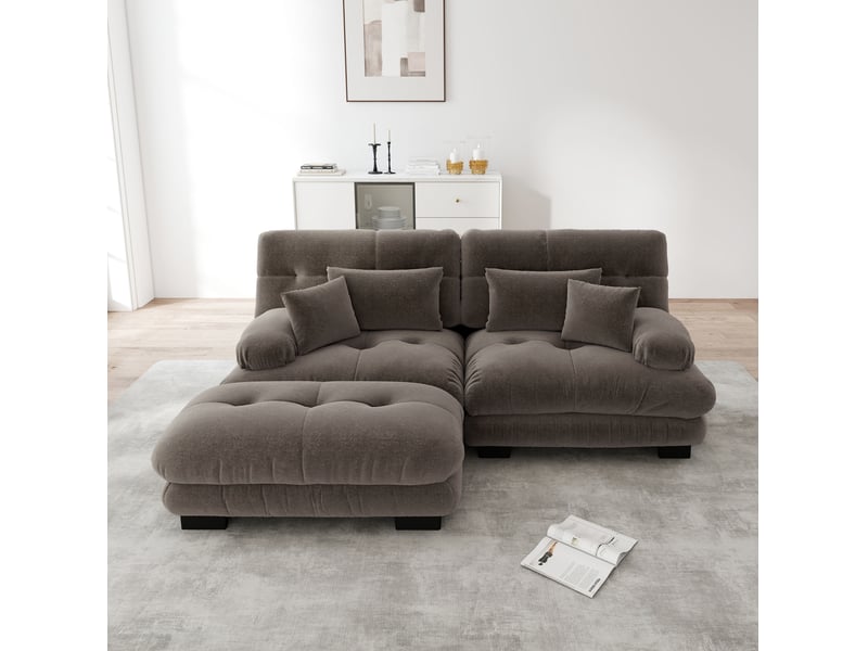  Canapé modulaire 220x145x81cm 2 places, assise profonde, meuble de salon, structure bois, revêtement chenille, marron  - Conforama D