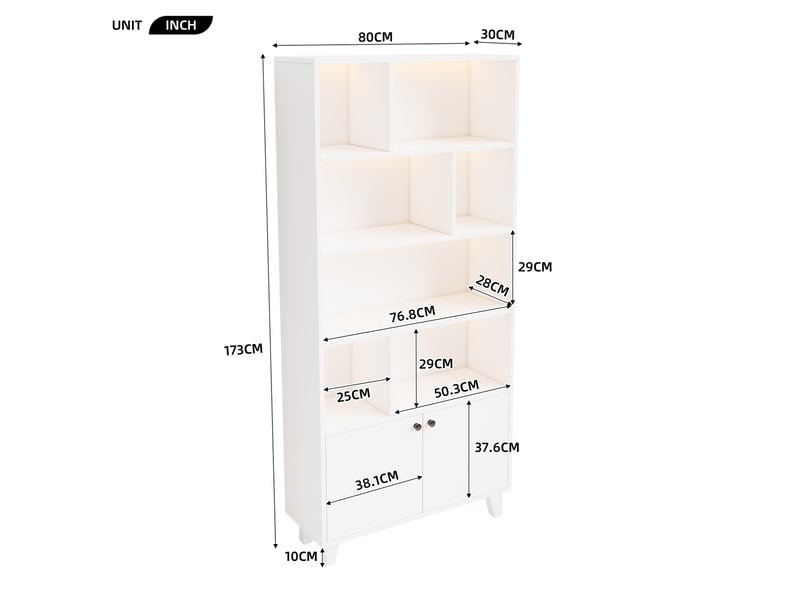  Bibliothèque 80x30x173 cm, led, armoire de rangement, meuble de bureau, 2 portes, pieds en bois, mdf et bois, blanc  - Conforama C