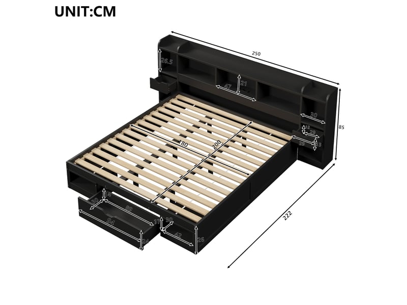  Lit plateforme 180 × 200 cm avec 3 tiroirs, rangements, éclairage led et port usb en mdf noir pour chambre  - Conforama C