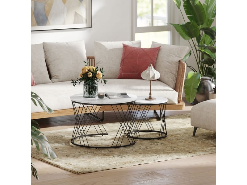  Lot de 2 tables basses gigognes rondes, plateau effet marbre blanc, structure en métal géométrique, 70 cm  - Conforama D