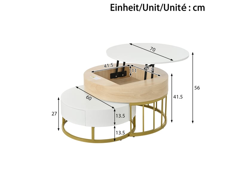  Combinaison de deux tables basses rondes (une grande et une petite), plateau réglable en hauteur, tiroir, structure en métal doré, aspect bois et blanc, corps en mdf, table de salon multifonctionnelle  - Conforama C