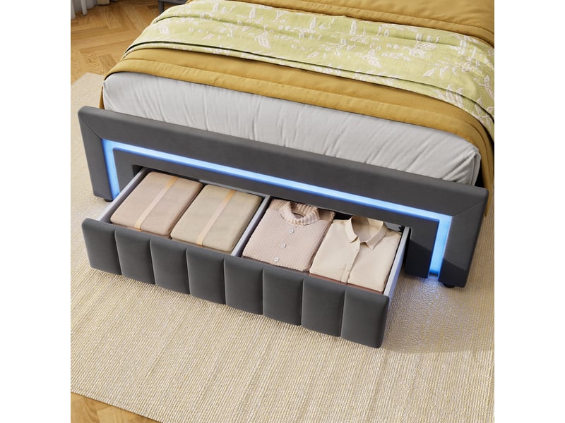  Lit coffre 140x190 cm avec led et tiroir gris velours evryae  - Conforama E