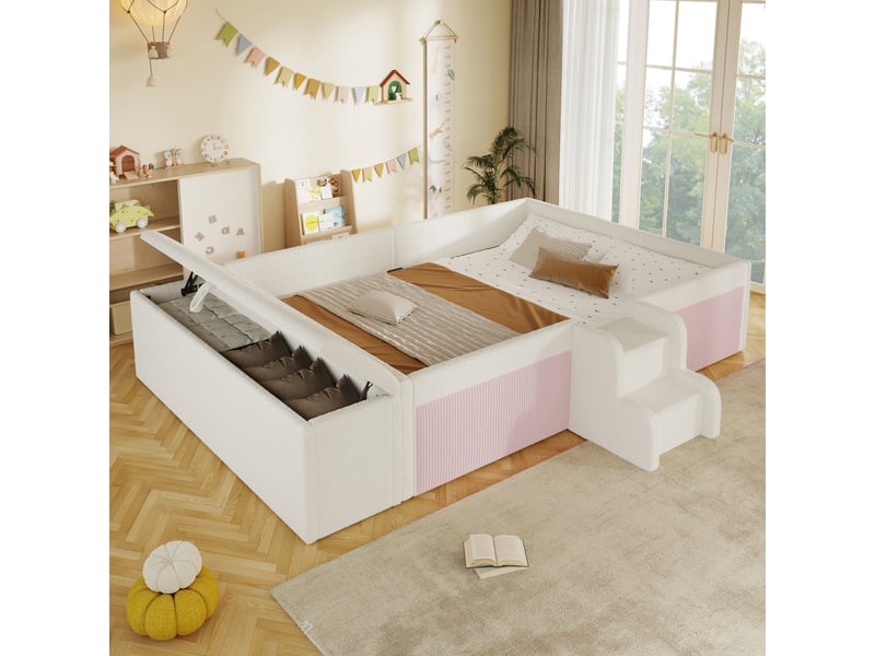  Lit capitonné 140x190 cm avec petit escalier et banc coffre mobile, bouclé, blanc  - Conforama C
