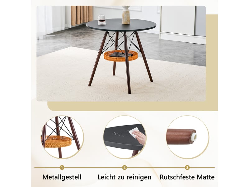 Table à manger ronde,80x80x71,5 cm,avec rangement,mdf,noir et bois noyer - Conforama D