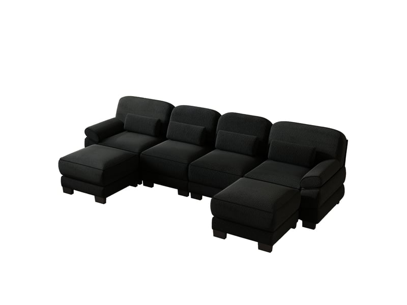  Canapé modulable en u 4 places 336x 161x 94 cm, coussins garnis, assise profonde, 2 poufs, en velours côtelé, noir  - Conforama A