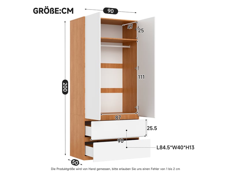  Armoire haute 90 x 50 x 200 cm, rangement supérieur, 2 portes, 1 tringle à vêtements, 2 tiroirs, chêneblanc Bliss Lite - Conforama C