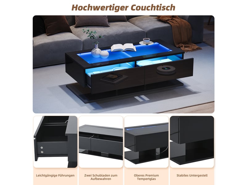  Table basse led rectangulaire 100 x 50 x 35 cm avec plateau en verre trempé, 2 tiroirs, finition laquée brillante, commande par application, noir  - Conforama D