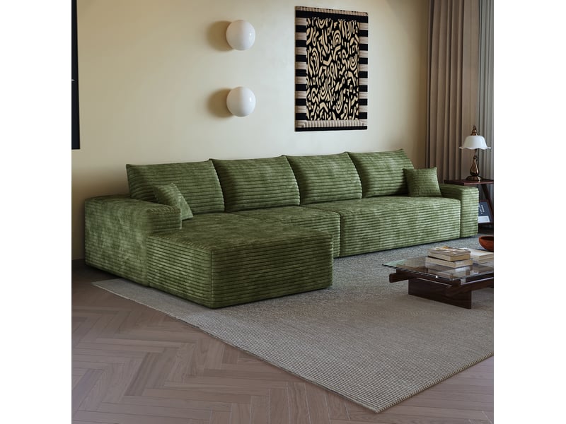 Canapé d'angle modulaire 4 places en velours côtelé vert, avec chaise longue, sans montage, confort moelleux - Conforama E