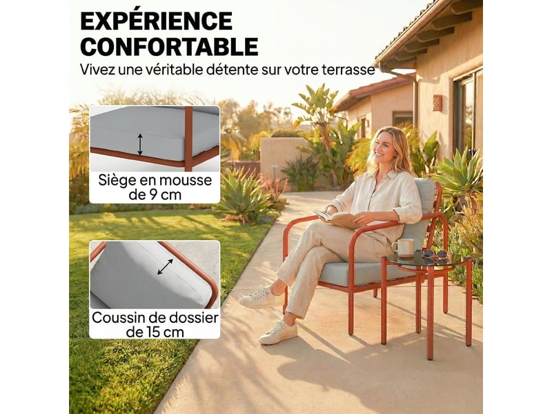  Salon de jardin 3 pièces 2 fauteuils et table basse rouge bordeaux et gris clair  - Conforama D