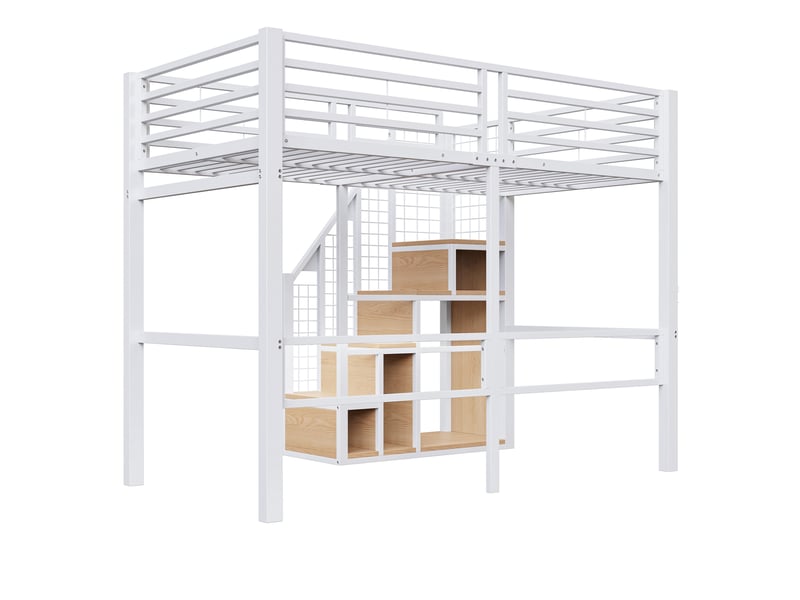  Lit mezzanine 90x200 cm en métal blanc, échelle sécurisée, étagères et espace de rangement  - Conforama D