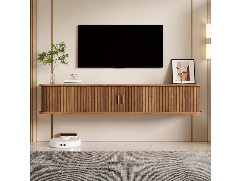  Meuble tv suspendu noyer 175cm avec portes coulissantes nervurées, meuble tv mural avec led contrôlable par application, design arrondi.  - Conforama B