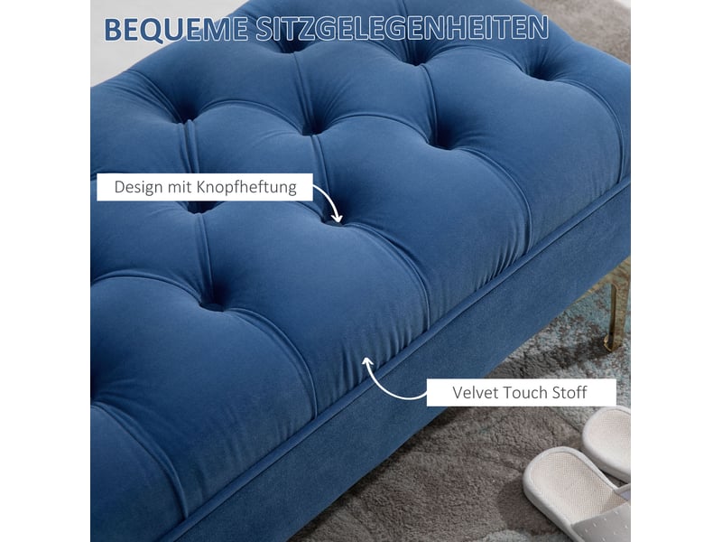  Banc capitonné tcqpz en velours bleu 118 x 45 x 42 cm pieds métalliques dorés  - Conforama D