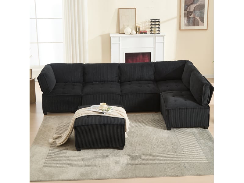  Canapé modulable convertible 6 places en velours côtelé noir – 308 x 154 x 81,99 cm  - Conforama D