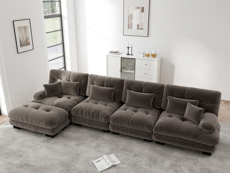  Canapé modulable d’angle 4 places avec ottomane en tissu marron  - Conforama B