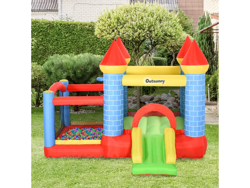 Château gonflable avec toboggan et piscine pour 3 enfants, avec gonfleur, pour les 3-8 ans, rouge, bleu et vert, 280 x 260 x 210 cm - Conforama D