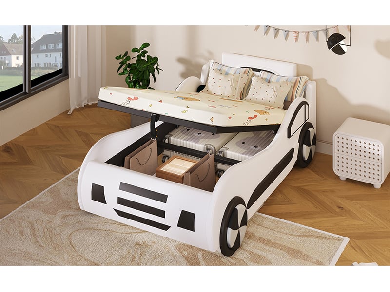  Lit enfant simple voiture 90×200 cm avec coffre hydraulique, sans matelas, mdf et pu - okmyhome- blanc  - Conforama E