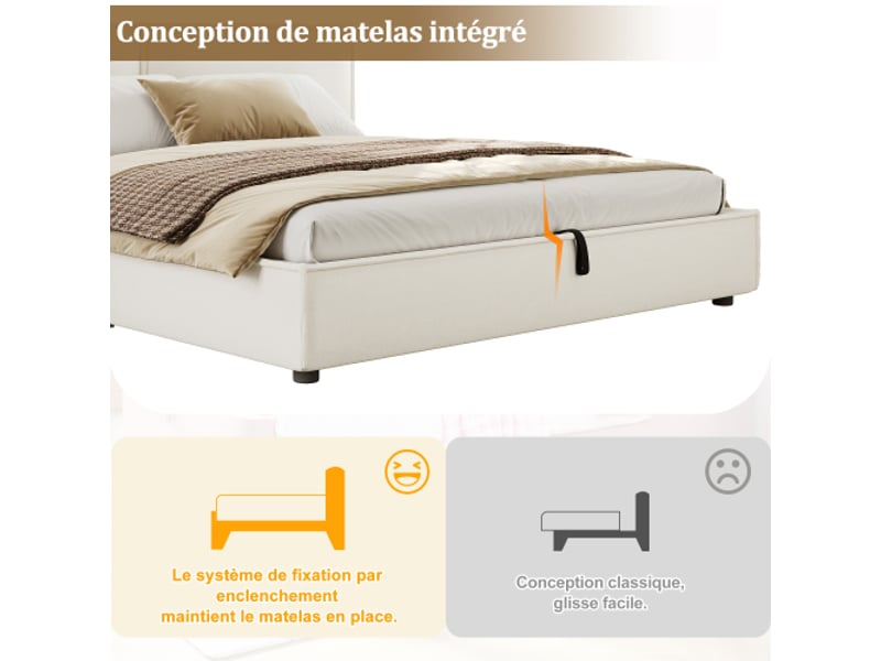  Lit double 180x200 capitonné – mécanisme hydraulique, sommier à lattes, tête de lit rembourrée en bouclé blanc  - Conforama E
