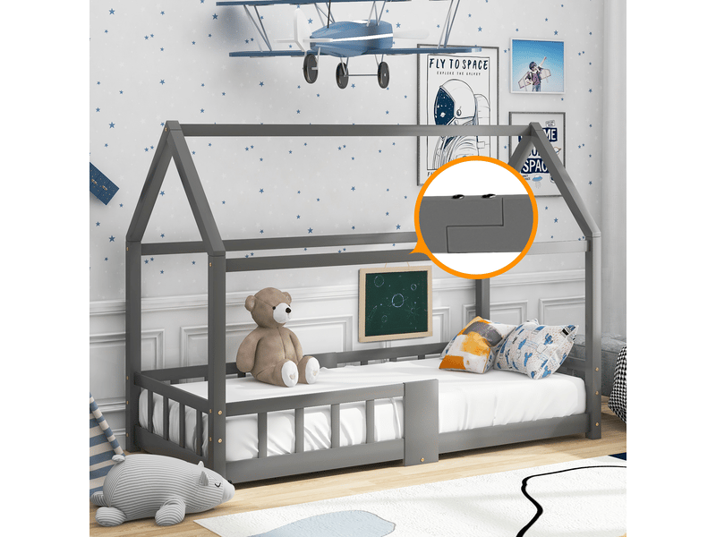  Lit cabane enfant 90x200 cm, avec tableau noir, garde-corps et sommier à lattes, structure en bois de pin, gris evarich - Conforama E