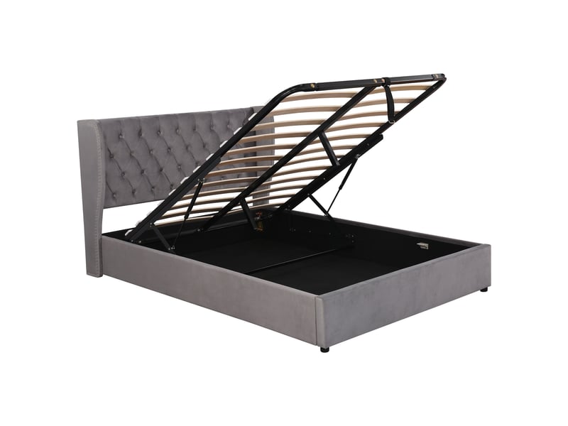Lit double 140x190 cm velours gris - tête de lit rembourrée, coffre hydraulique et sommier - Conforama D