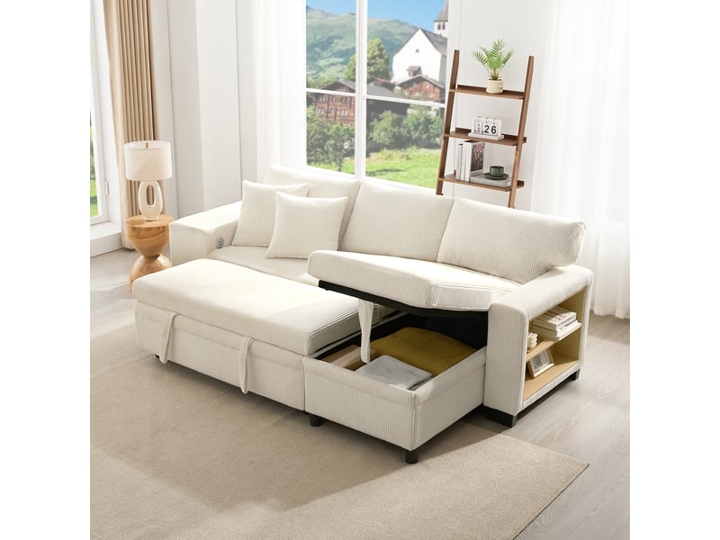 Canapé d'angle convertible 3 places en velours côtelé, usbtype-c, rangements, 231×131,5×84 cm - Conforama W
