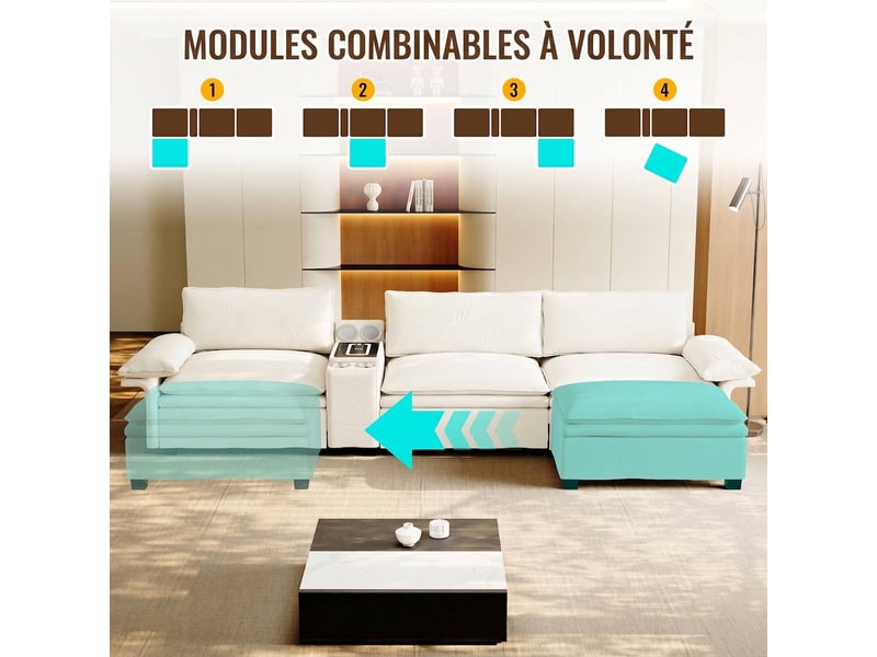  Canapé modulable en chenille angle 4 places 315 cm - recharge sans fil, rangement, lumière  - Conforama W