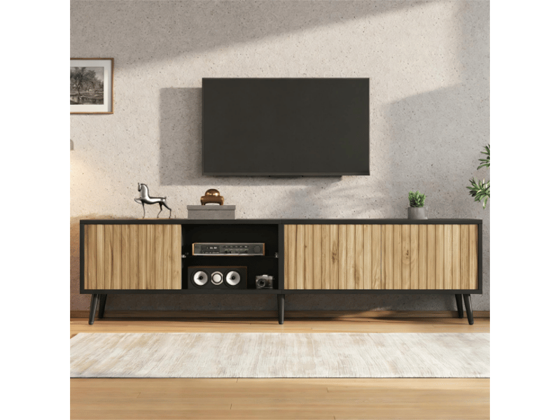  Meuble tv naturel bois et noir en panneaux de particules 175 cm  - Conforama E