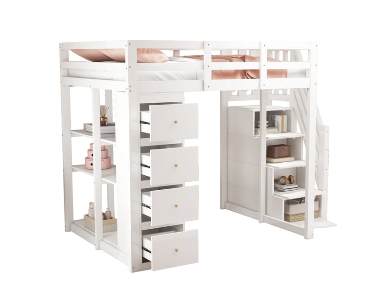  Lit mezzanine 140x200cm, escalier, sommier, étagères, espace de rangement, 4 tiroirs, lit enfant, en bois+mdf, blanc sans matelas  - Conforama A