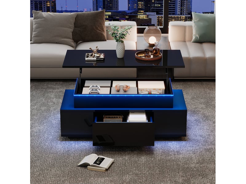  Table basse relevable 96x45x40 cm noire brillante avec led et rangement  - Conforama D