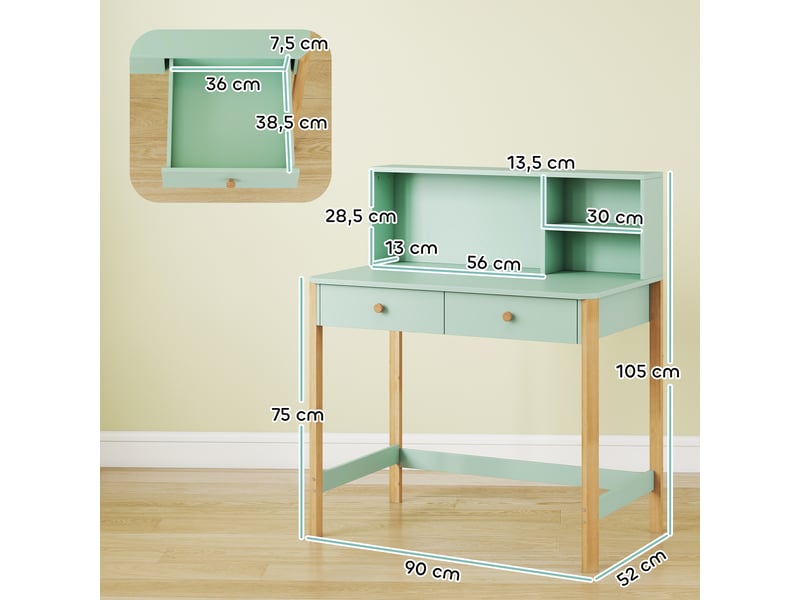  Bureau enfant en bois, bureau avec rangement, 2 tiroirs et 3 compartiments ouverts, plateau large, vert, 90x52x105cm  - Conforama C