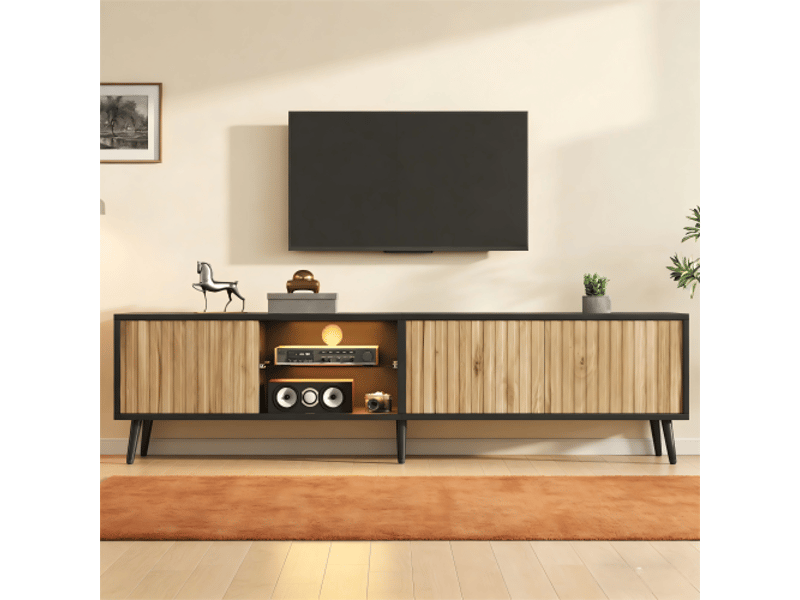  Meuble tv led 175 x 31 x 43,5 cm - bois naturel et noir, 3 portes, 6 pieds, verre trempé, adapté pour écran 75 pouces  - Conforama B