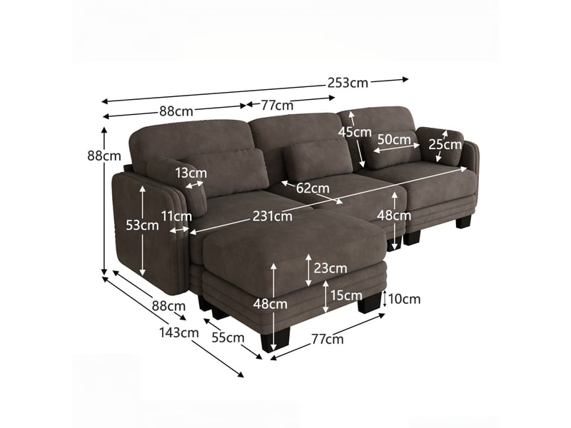  Canapé d’angle 3 places en l, modules combinables librement, revêtement en chenille, 1 ottomane, 253 × 143 × 88 cm, marron  - Conforama C
