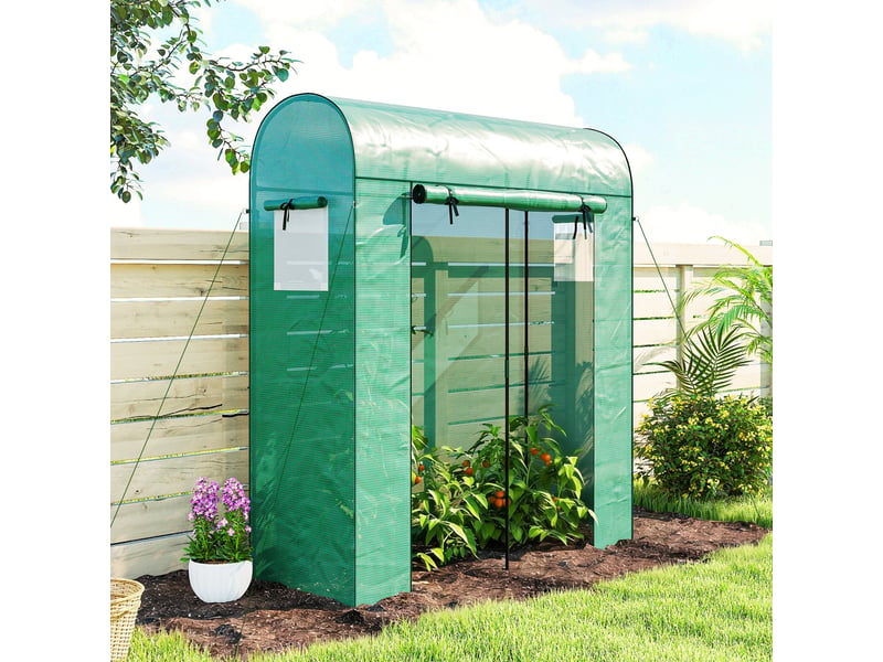  Serre de jardin avec revêtement pe, porte sectionnelle et fenêtres grillagées, 170 x 68 x 200 cm, verte  - Conforama D