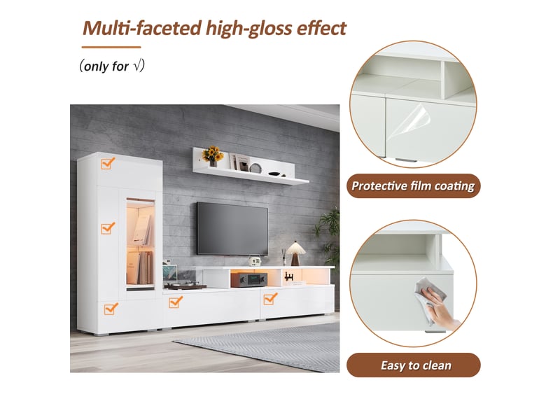  Ensemble meuble tv blanc avec vitrine et étagère, éclairage led, meuble tv pour écran jusqu'à 75 pouces  - Conforama W