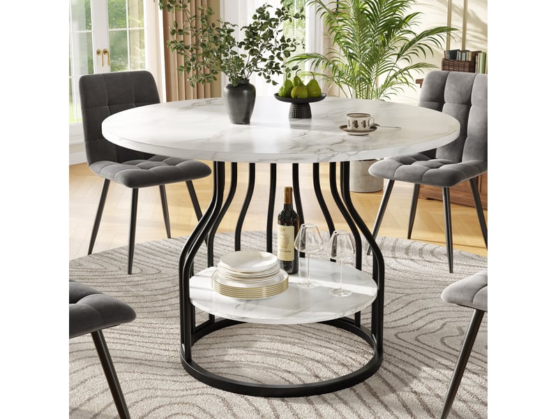  Table à manger ronde 80 x 80 x 76 cm, mdf effet marbre, rangement, noire  - Conforama B