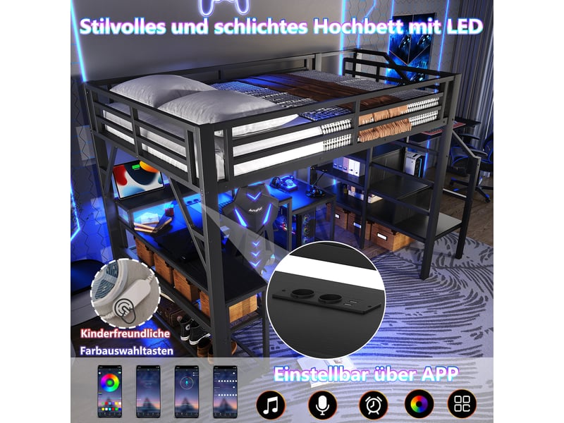  Lit mezzanine 140 x 200 cm avec bureau intégré, métal et mdf, noir, éclairage led connecté  - Conforama B
