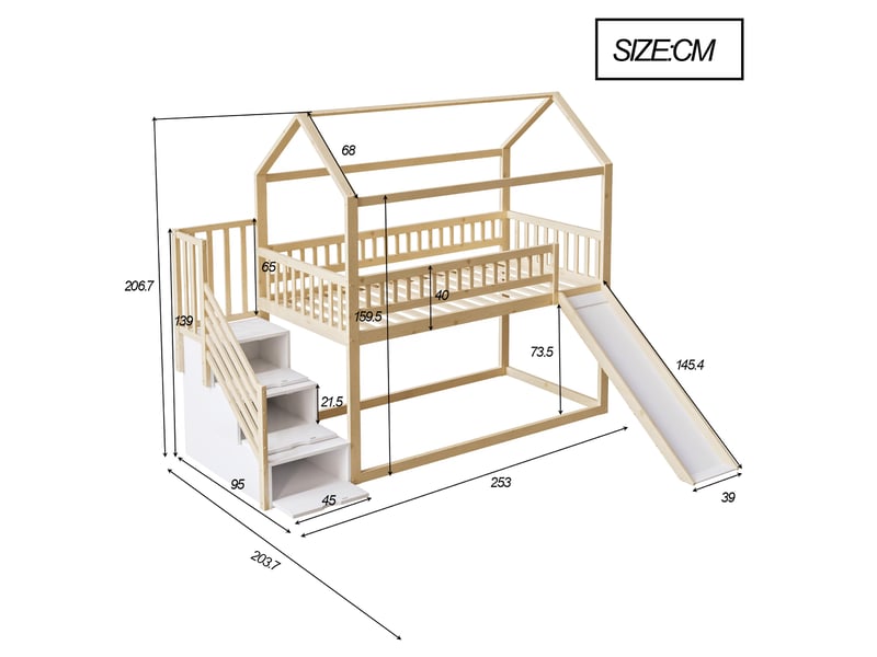 Lit mezzanine enfant 90 x 200 cm avec toboggan, échelle de rangement et sommier - Conforama C