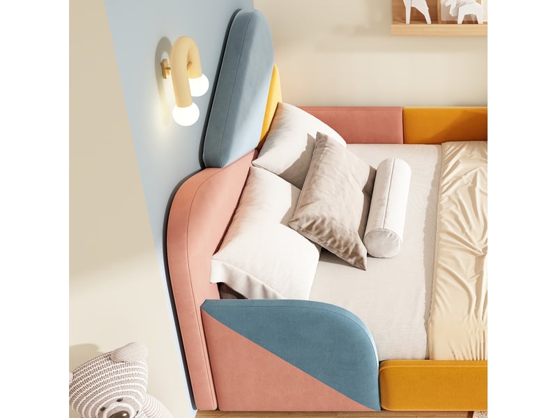  Lit simple enfant 140x200 cm, design moderne, protection latérale surélevée anti-chute, bois, multicolore, sans matelas  - Conforama E
