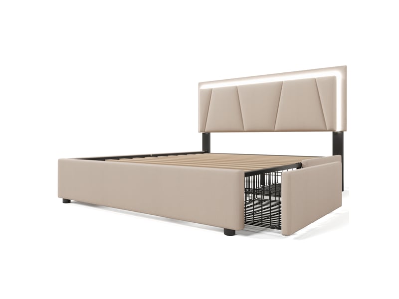  Lit coffre 160x200 cm beige en tissu, sommier à lattes bois, tête réglable, 4 tiroirs, led intégré, matelas inclus  - Conforama E
