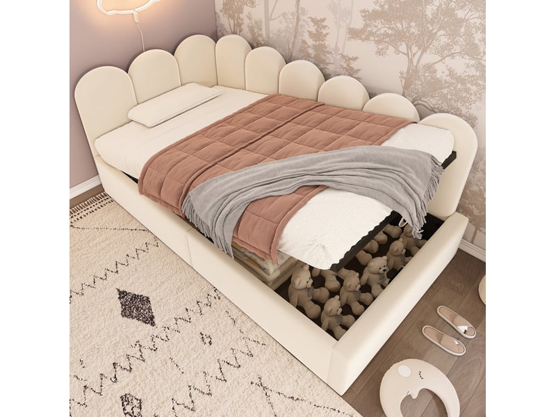  Lit enfant coffre 90x190 cm en velours beige avec sommier métallique  - Conforama B