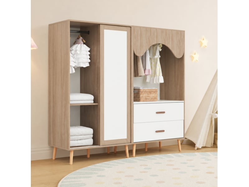 Armoire combinée pour chambre d’enfant avec porte coulissante, penderie et tiroirs, blanc et bois naturel, 160 × 46 × 141,5 cm - Conforama C