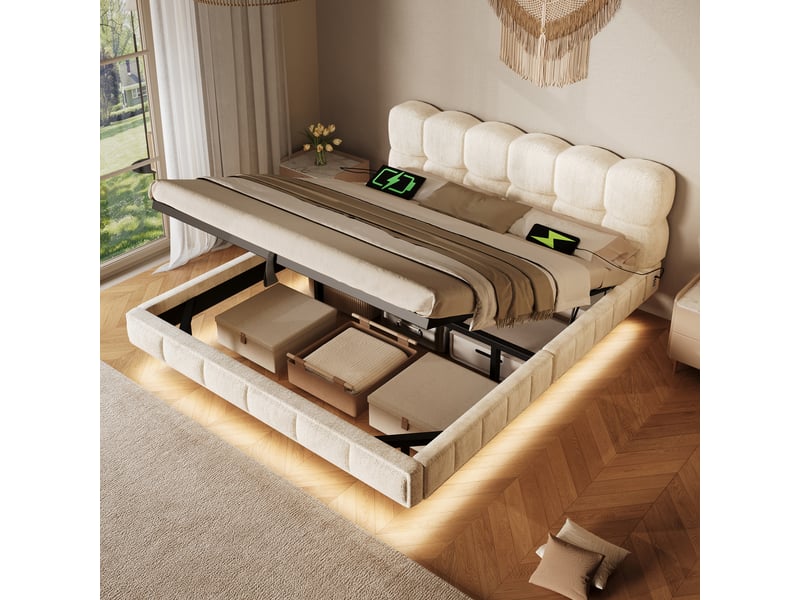 Lit coffre bubble en chenille beige 140x190 cm avec led, usb et type-c Fay Lum - Conforama B