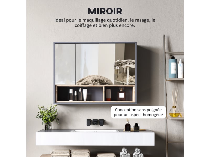  Armoire de toilette murale 3 portes miroir en mdf gris 80x20x60 cm  - Conforama E