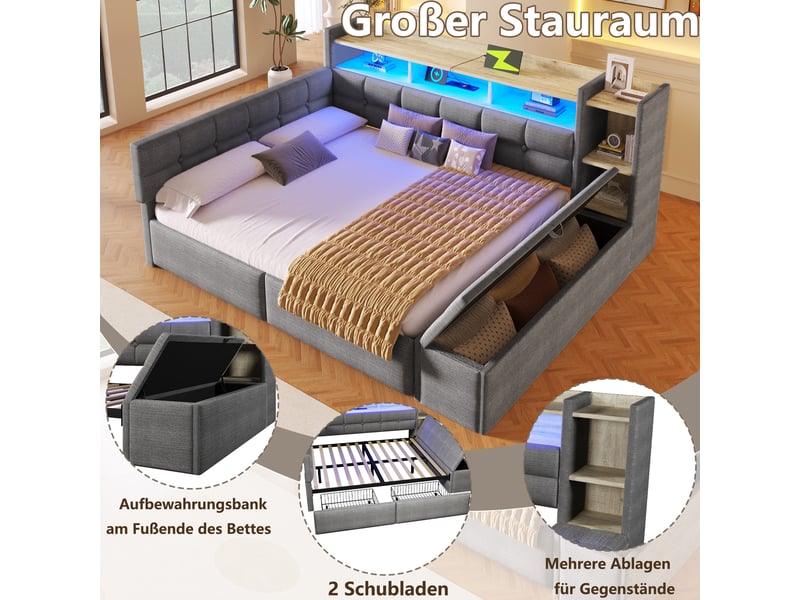  Lit de jour canapé-lit, 140 × 190 cm, gris foncé, velours, 2 tiroirs, banquette coffre, rangements, led, usb + type-c  - Conforama D