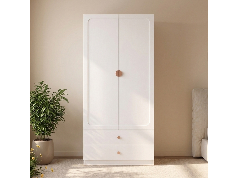 Armoire blanche 2 portes avec 2 tiroirs et penderie - poignées bois massif 90x45x200 cm - Conforama B