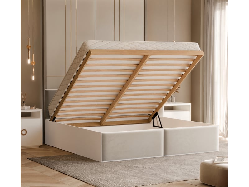  Lit coffre atheris - 160x200 cm - avec matelas - tissu velours - beige clair ATHERIS - Conforama C